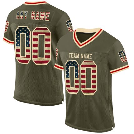 Personalized Olive Vintage USA Flag Cream-Red Mesh Authentic Throwback Salute To Service Football Jersey Team Custom Name and Number