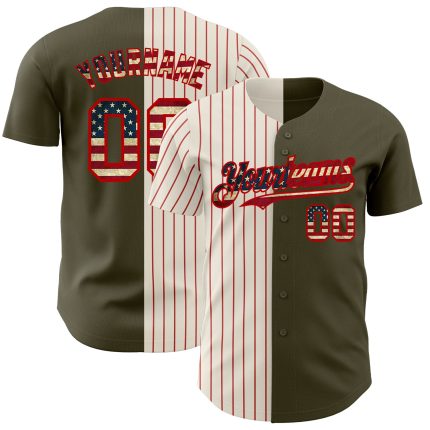 Personalized Olive Vintage USA Flag Cream-Red Pinstripe Authentic Split Fashion Salute To Service Baseball Jersey Team Custom Name and Number
