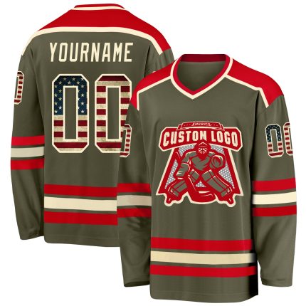 Personalized Olive Vintage USA Flag Cream-Red Salute To Service Hockey Jersey Team Custom Name and Number