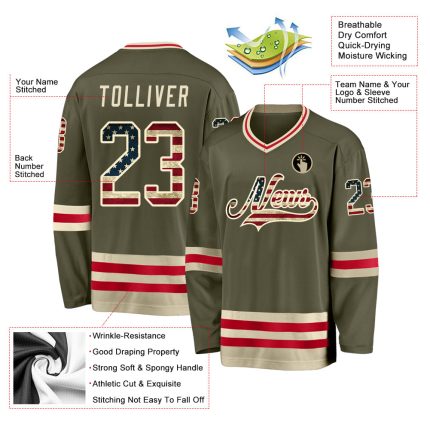 Personalized Olive Vintage USA Flag-Cream Salute To Service Hockey Jersey Team Custom Name and Number