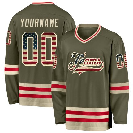Personalized Olive Vintage USA Flag-Cream Salute To Service Hockey Jersey Team Custom Name and Number
