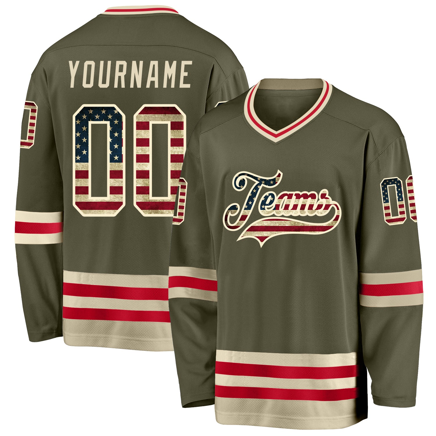 Personalized Olive Vintage USA Flag-Cream Salute To Service Hockey Jersey Team Custom Name and Number