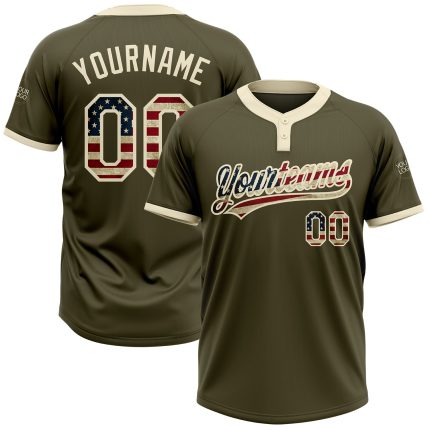 Personalized Olive Vintage USA Flag-Cream Salute To Service Two-Button Unisex Softball Jersey Team Custom Name and Number