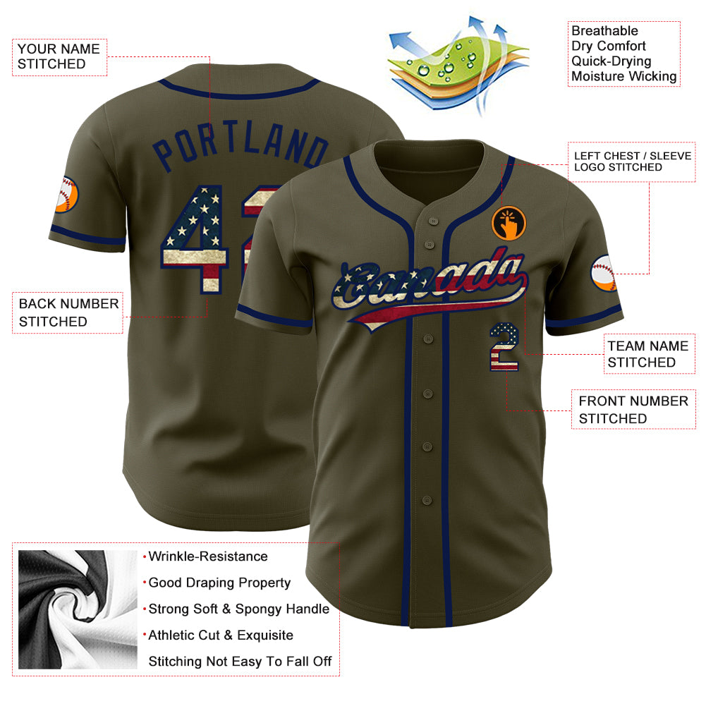 Personalized Olive Vintage USA Flag-Navy Authentic Salute To Service Baseball Jersey Team Custom Name and Number Personalized Olive Vintage USA Flag-Navy Authentic Salute To Service Baseball Jersey Team Custom Name and Number - Image 3