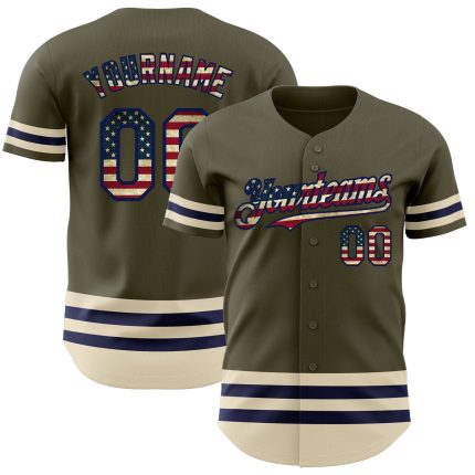 Personalized Olive Vintage USA Flag Navy-Cream Line Authentic Salute To Service Baseball Jersey Team Custom Name and Number