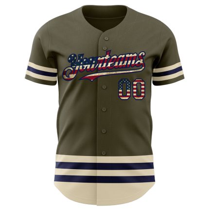 Personalized Olive Vintage USA Flag Navy-Cream Line Authentic Salute To Service Baseball Jersey Team Custom Name and Number