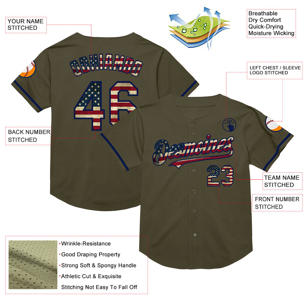 Personalized Olive Vintage USA Flag-Navy Mesh Authentic Throwback Salute To Service Baseball Jersey Team Custom Name and Number Personalized Olive Vintage USA Flag-Navy Mesh Authentic Throwback Salute To Service Baseball Jersey Team Custom Name and Number - Image 3