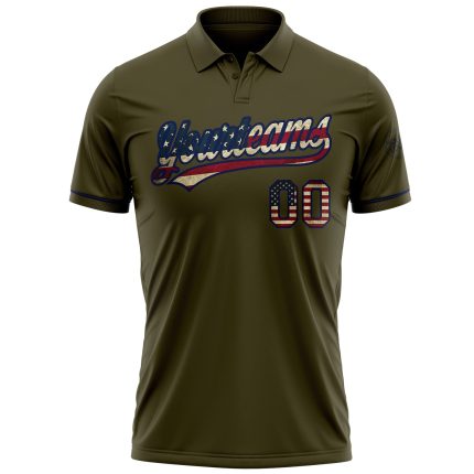 Personalized Olive Vintage USA Flag-Navy Performance Vapor Salute To Service Golf Polo Shirt Team Custom Name and Number