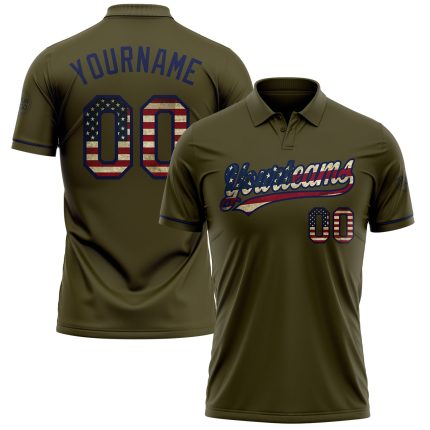 Personalized Olive Vintage USA Flag-Navy Performance Vapor Salute To Service Golf Polo Shirt Team Custom Name and Number