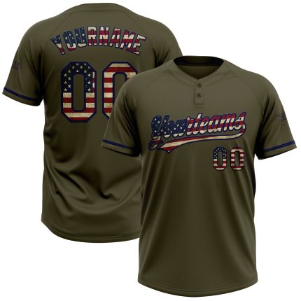 Personalized Olive Vintage USA Flag-Navy Salute To Service Two-Button Unisex Softball Jersey Team Custom Name and Number