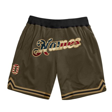 Personalized Olive Vintage USA Flag-Old Gold Authentic Throwback Salute To Service Basketball Shorts Team Custom Name and Number