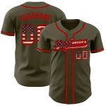 Personalized Olive Vintage USA Flag-Red Authentic Salute To Service Baseball Jersey Team Custom Name and Number