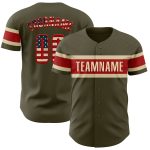 Personalized Olive Vintage USA Flag Red-Cream Authentic Salute To Service Baseball Jersey Team Custom Name and Number