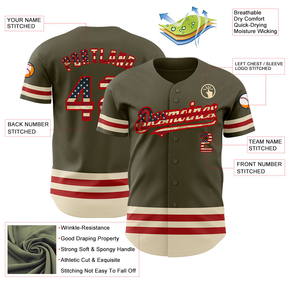 Personalized Olive Vintage USA Flag Red-Cream Line Authentic Salute To Service Baseball Jersey Team Custom Name and Number Personalized Olive Vintage USA Flag Red-Cream Line Authentic Salute To Service Baseball Jersey Team Custom Name and Number - Image 3