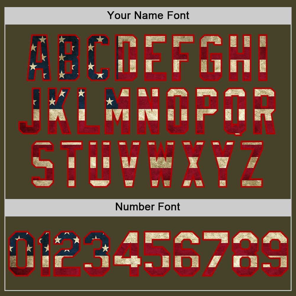 Personalized Olive Vintage USA Flag Red-Cream Line Authentic Salute To Service Baseball Jersey Team Custom Name and Number Personalized Olive Vintage USA Flag Red-Cream Line Authentic Salute To Service Baseball Jersey Team Custom Name and Number - Image 5