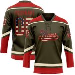 Personalized Olive Vintage USA Flag Red-Cream Salute To Service Hockey Lace Neck Jersey Team Custom Name and Number