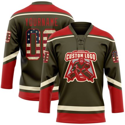 Personalized Olive Vintage USA Flag Red-Cream Salute To Service Hockey Lace Neck Jersey Team Custom Name and Number