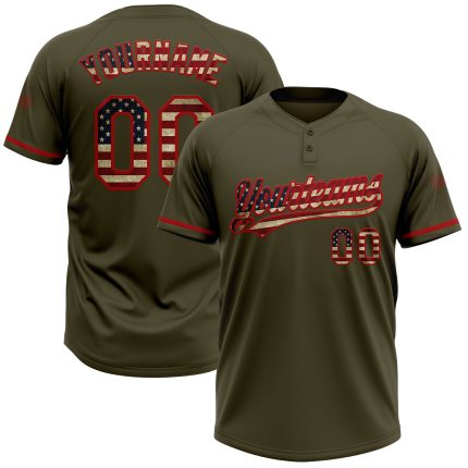 Personalized Olive Vintage USA Flag-Red Salute To Service Two-Button Unisex Softball Jersey Team Custom Name and Number