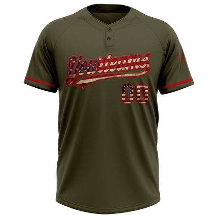 Personalized Olive Vintage USA Flag-Red Salute To Service Two-Button Unisex Softball Jersey Team Custom Name and Number