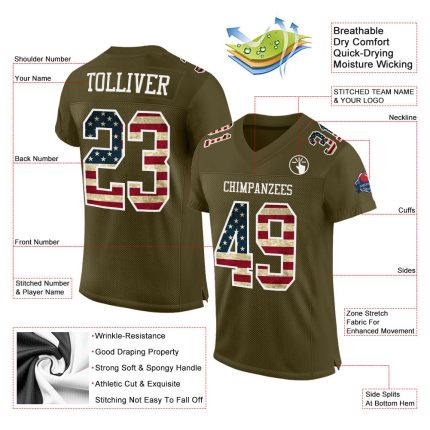 Personalized Olive Vintage USA Flag-White Mesh Authentic Salute To Service Football Jersey Team Custom Name and Number