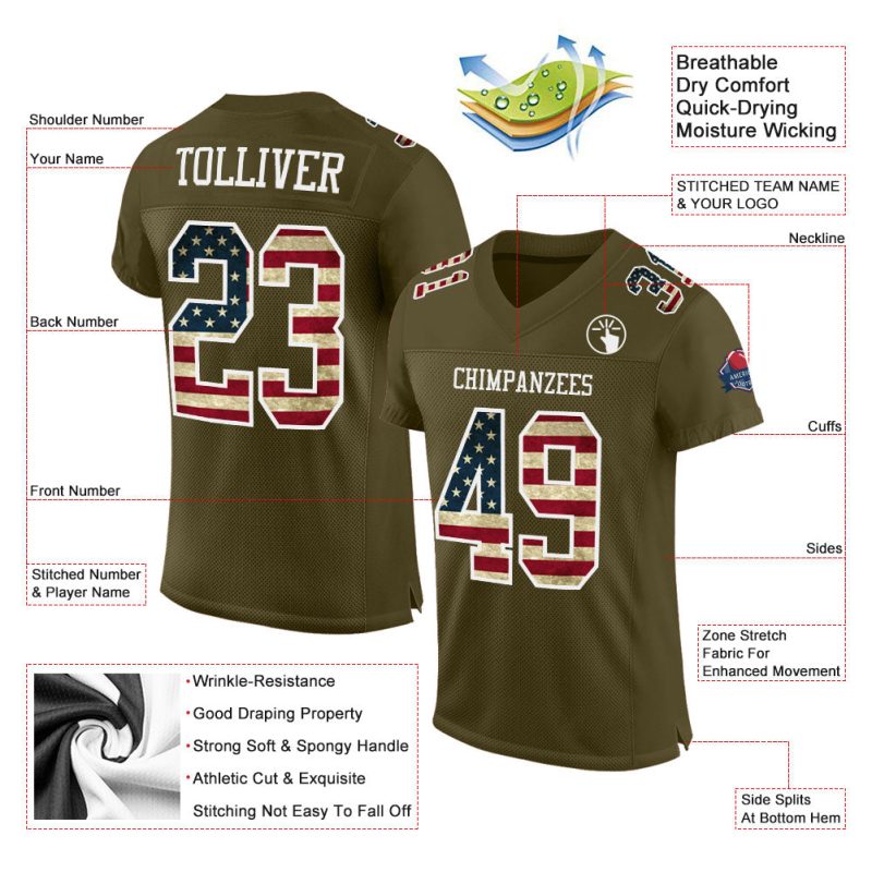 Personalized Olive Vintage USA Flag-White Mesh Authentic Salute To Service Football Jersey Team Custom Name and Number