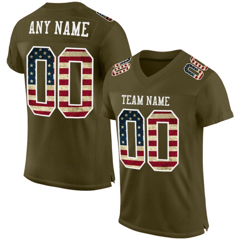 Personalized Olive Vintage USA Flag-White Mesh Authentic Salute To Service Football Jersey Team Custom Name and Number