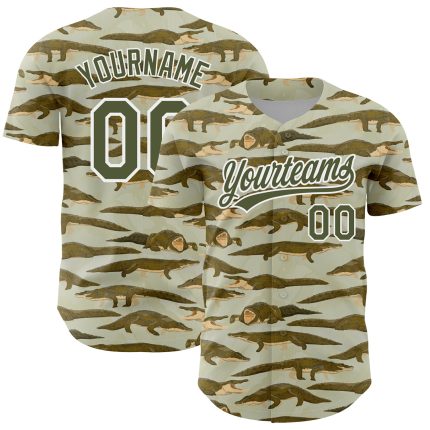 Personalized Olive White 3D Pattern Design Crocodile Authentic Baseball Jersey Team Custom Name and Number