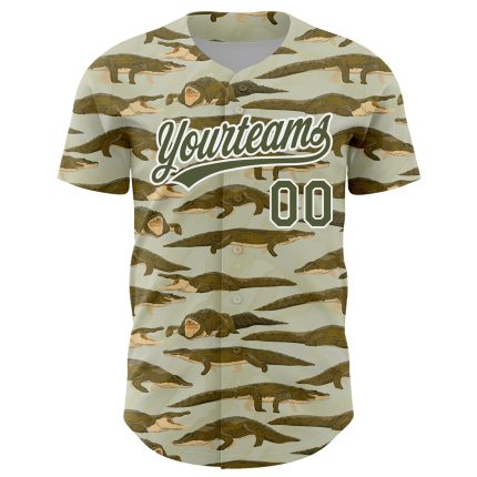 Personalized Olive White 3D Pattern Design Crocodile Authentic Baseball Jersey Team Custom Name and Number