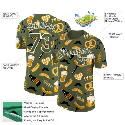 Personalized Olive White 3D Pattern Design Oktoberfest Beer Festival Performance T-Shirt Team Custom Name and Number
