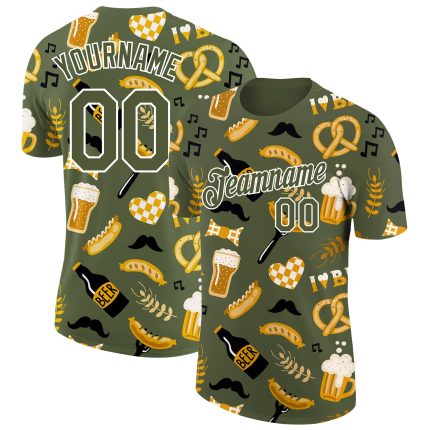 Personalized Olive White 3D Pattern Design Oktoberfest Beer Festival Performance T-Shirt Team Custom Name and Number