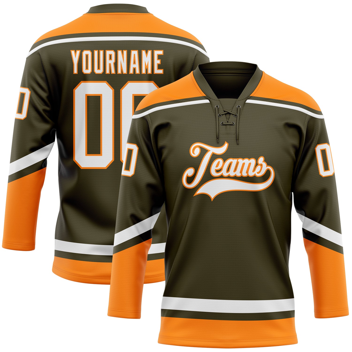 Personalized Olive White-Bay Orange Salute To Service Hockey Lace Neck Jersey Team Custom Name and Number