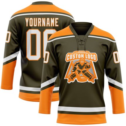 Personalized Olive White-Bay Orange Salute To Service Hockey Lace Neck Jersey Team Custom Name and Number