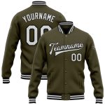 Personalized Olive White-Black Bomber Full-Snap Varsity Letterman Salute To Service Jacket Team Custom Name and Number