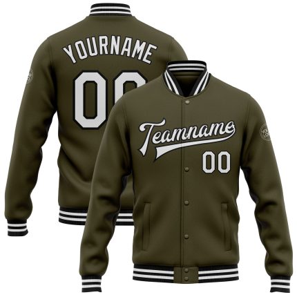 Personalized Olive White-Black Bomber Full-Snap Varsity Letterman Salute To Service Jacket Team Custom Name and Number