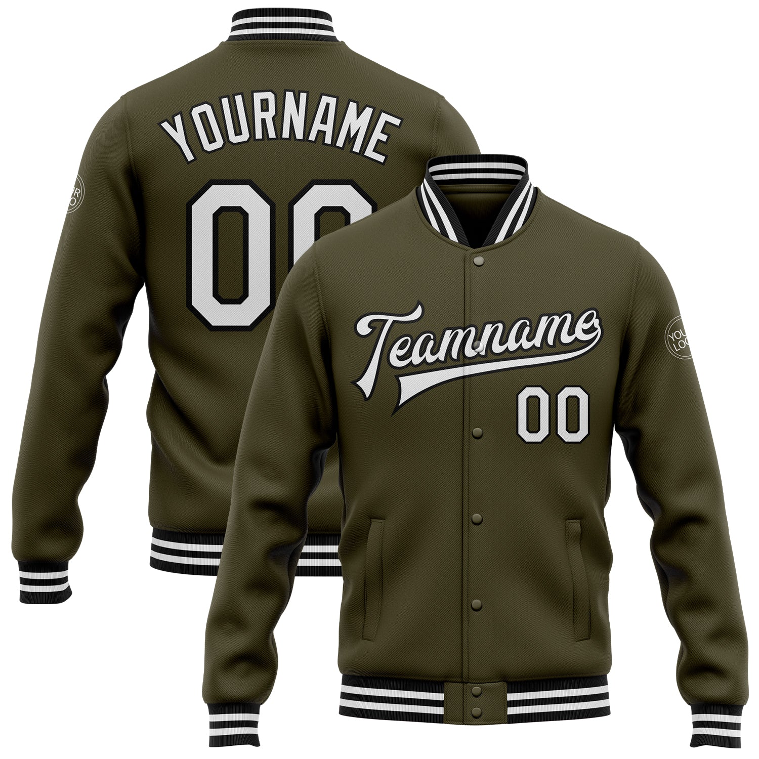 Personalized Olive White-Black Bomber Full-Snap Varsity Letterman Salute To Service Jacket Team Custom Name and Number