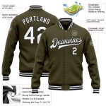 Personalized Olive White-Black Bomber Full-Snap Varsity Letterman Salute To Service Jacket Team Custom Name and Number