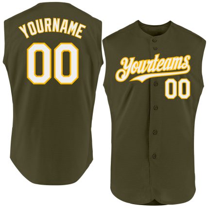 Personalized Olive White-Gold Authentic Sleeveless Salute To Service Baseball Jersey Team Custom Name and Number