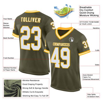Personalized Olive White-Gold Mesh Authentic Throwback Salute To Service Football Jersey Team Custom Name and Number
