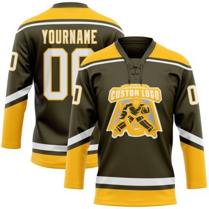 Personalized Olive White-Gold Salute To Service Hockey Lace Neck Jersey Team Custom Name and Number