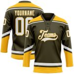 Personalized Olive White-Gold Salute To Service Hockey Lace Neck Jersey Team Custom Name and Number