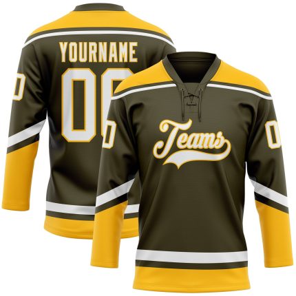 Personalized Olive White-Gold Salute To Service Hockey Lace Neck Jersey Team Custom Name and Number