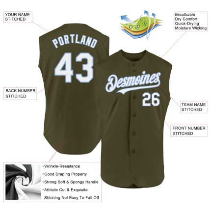 Personalized Olive White-Light Blue Authentic Sleeveless Salute To Service Baseball Jersey Team Custom Name and Number