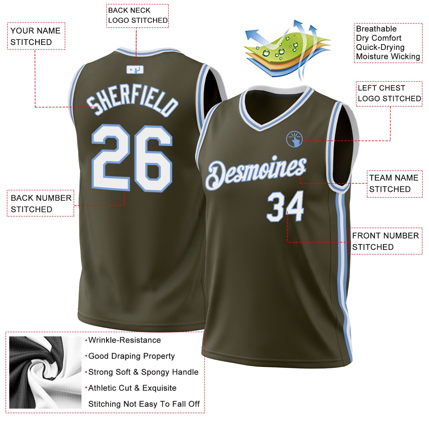 Personalized Olive White-Light Blue Authentic Throwback Salute To Service Basketball Jersey Personalized Olive White-Light Blue Authentic Throwback Salute To Service Basketball Jersey - Image 3
