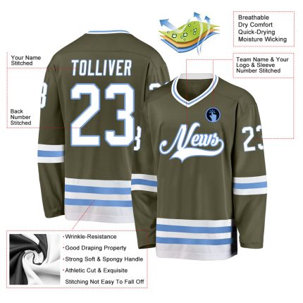 Personalized Olive White-Light Blue Salute To Service Hockey Jersey Team Custom Name and Number