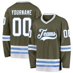 Personalized Olive White-Light Blue Salute To Service Hockey Jersey Team Custom Name and Number