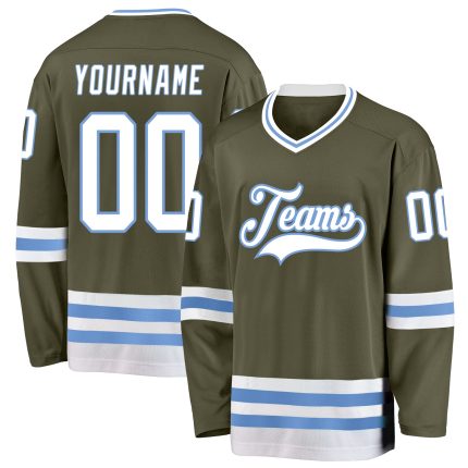 Personalized Olive White-Light Blue Salute To Service Hockey Jersey Team Custom Name and Number
