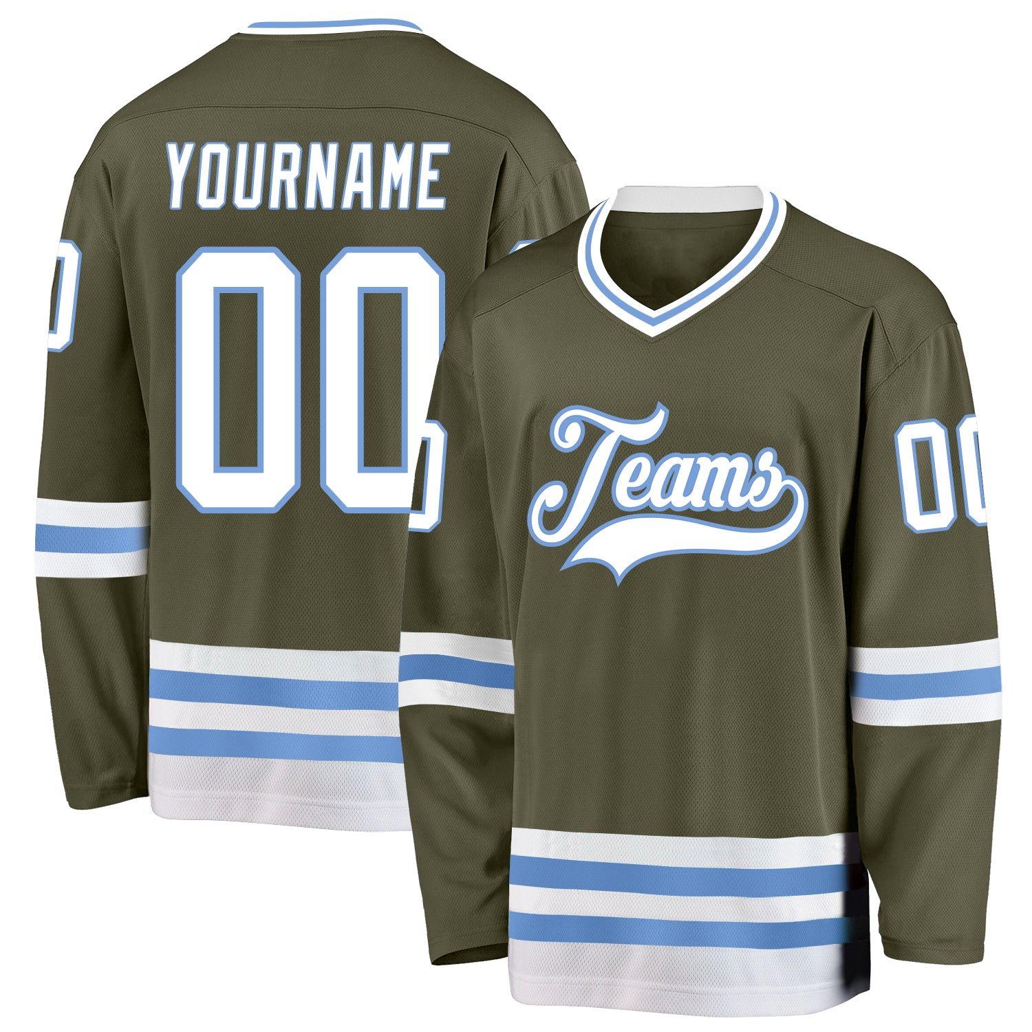 Personalized Olive White-Light Blue Salute To Service Hockey Jersey Team Custom Name and Number