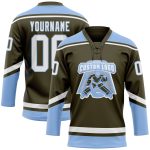 Personalized Olive White-Light Blue Salute To Service Hockey Lace Neck Jersey Team Custom Name and Number
