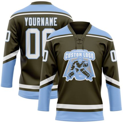 Personalized Olive White-Light Blue Salute To Service Hockey Lace Neck Jersey Team Custom Name and Number