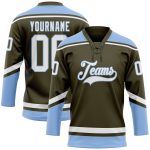 Personalized Olive White-Light Blue Salute To Service Hockey Lace Neck Jersey Team Custom Name and Number